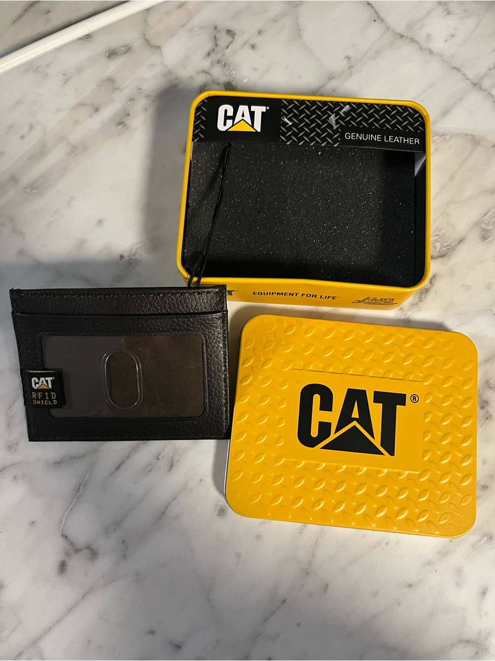 CAT Genuine brown Leather card wallet w/enamel logo,RFID,ID window,bill slot NIB